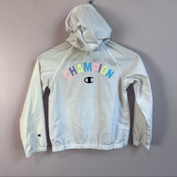 CHAMPION Girls White Hooded Logo Windbreaker Rain Jacket Pastel Logo Small - Picture 10 of 14